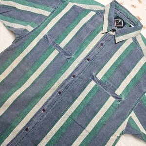 Vintage Santana Striped Shirt Large Green Blue White Cotton Short Sleeve‎ Retro